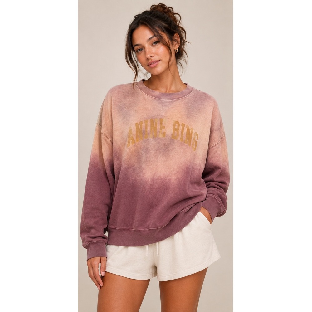 Anine Bing‎ Womens L Sweatshirt Plum Burgundy Tan Ombre Dip Dye Logo Pullover